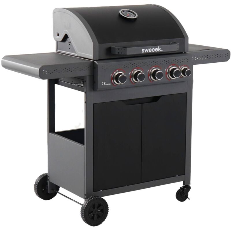 Sweeek - Barbecue au gaz Edmond noir. 4 brûleurs + 1 feu latéral. avec thermomètre. l 122x P62 x H143 cm