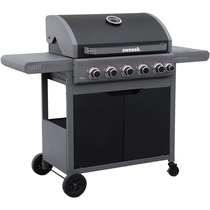 Barbecue au gaz Edmond noir - 5 brûleurs + 1 feu latéral. avec thermomètre. l 132x P62 x H143 cm