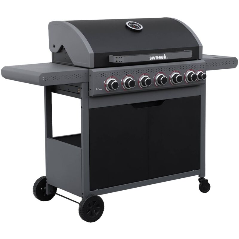 Barbecue au gaz Edmond noir - 6 brûleurs + 1 feu latéral. avec thermomètre. L 132x P62 x H143 cm