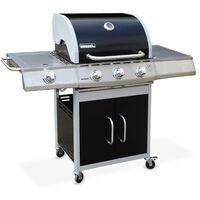 Barbecue au gaz Richelieu noir, 4 brûleurs dont 1 feu latéral 14kW, côté grill et plancha, cuisine extérieure
