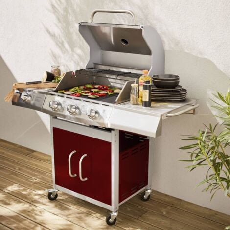 Barbecue au gaz Richelieu rouge, 4 brûleurs dont 1 feu latéral 14kW, côté grill et plancha
