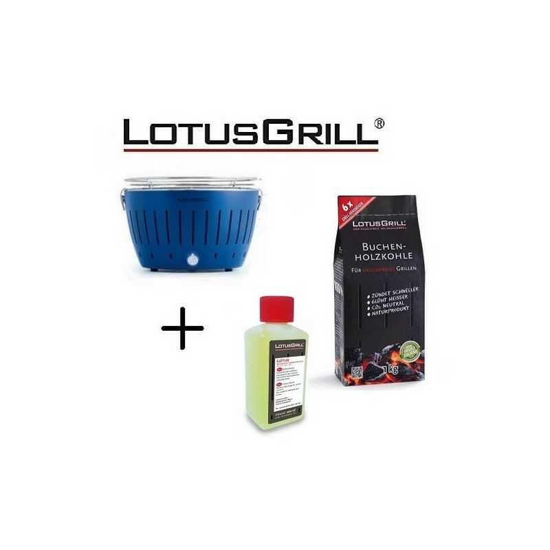 Lotus Grill - Barbecue Bleu avec Piles et Câble d'Alimentation usb + 1Kg de Charbon de Bois de Hêtre + Gel Combustible Inodore pour Barbecue 200ml