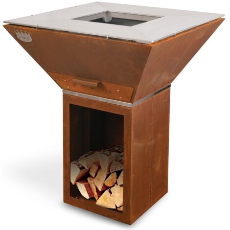 Barbecue brasero plancha acier corten 80x80cm – Dimensions L 80 x P 60 x H 100 cm – Fonctionne au bois pour cuisson uniforme – Clementi