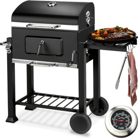 Barbecue charbon avec grille à hauteur réglable - barbecue multifonctions, grill, smoker avec thermometre de température - noir