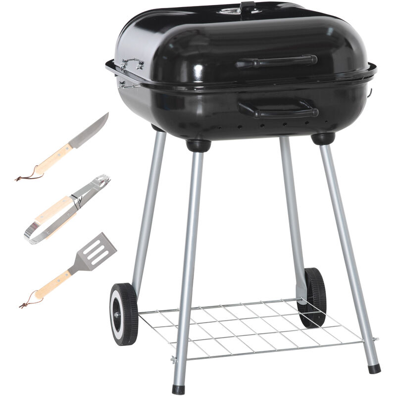 Barbecue à charbon - bbq grill sur pied avec couvercle, roulettes - étagère, 3 crochets, 3 ustensiles, 2 grilles - acier émaillé noir