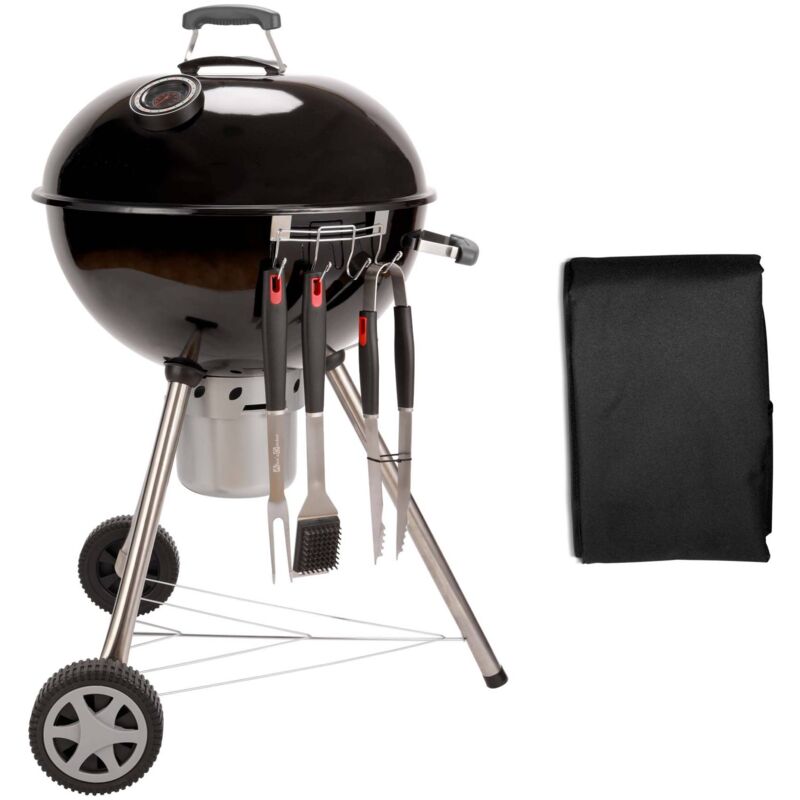 Sweeek - Barbecue premium charbon de bois Ø57cm. Charles + accessoires - noir émaillé. avec grille amovible. aérateurs. fumoir. récupérateur de