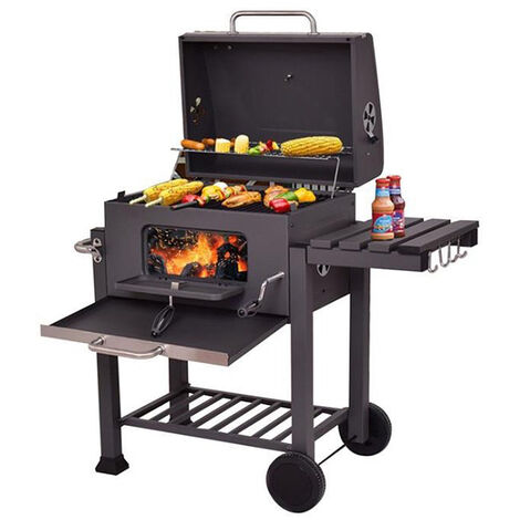 Barbecue Charbon de Bois à 2 Roues 2 Grilles et 1 Thermomètre en Métal Noir - cylindrique - Noir