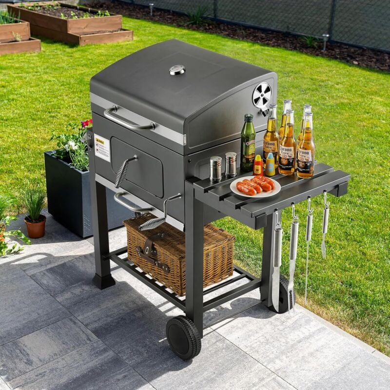 Tlgreen - Barbecue Charbon de Bois, bbq Smoker,Chariot à Barbecue,Barbecue Fumoir,Grill à Charbon de Bois avec Couvercle 124x56x140cm, Gris