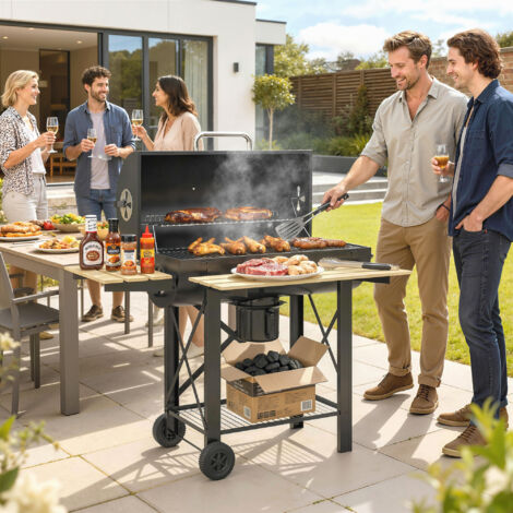 Barbecue Charbon de Bois Chariot Grill de Jardin avec Couvercle Fumoir Tablette Pliable en Bois 109 x 71 x 98 cm Noir