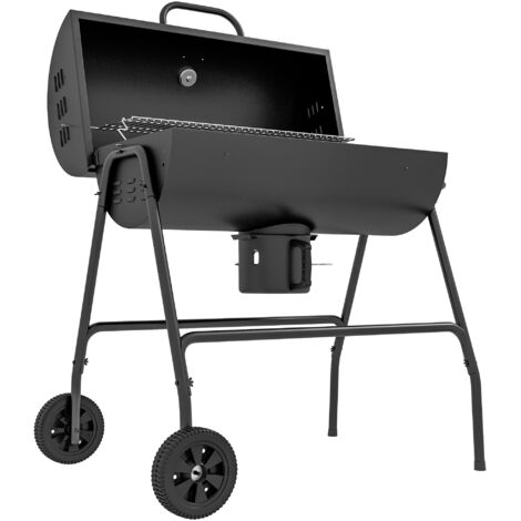 Barbecue charbon de bois métal BBQ fumoir couvercle thermomètre roues chariot grill 95x71,5x102 cm Noir
