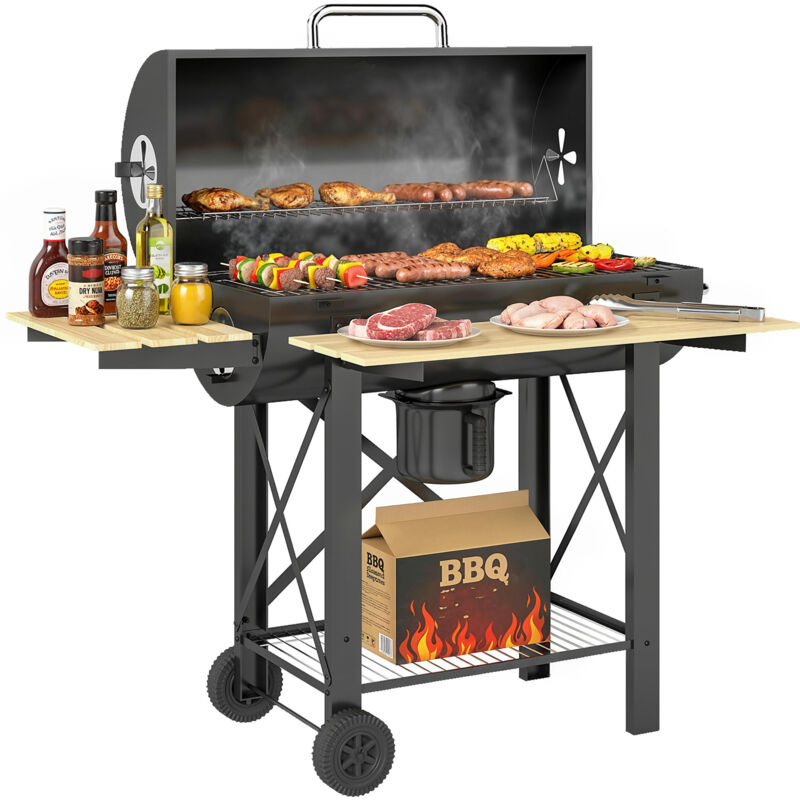 Barbecue charbon de bois - Outsunny - avec couvercle fumoir, tablette pliable en bois - 109 x 71 x 98 cm - noir