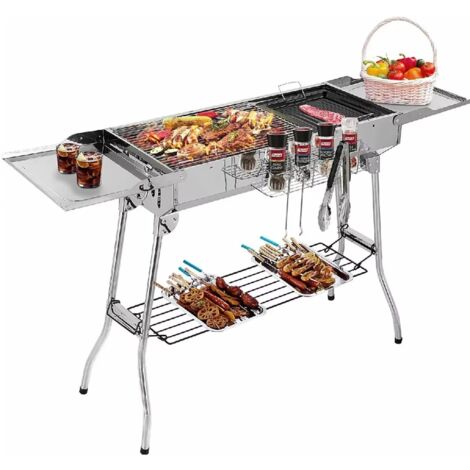 Barbecue charbon de bois portable inox avec système de ventilation réglable, plateau antiadhésif et tablettes latérales pliables pour usage camping et jardin