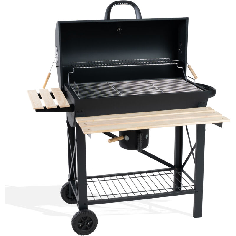 Ravigarden - Barbecue Charbon de Bois xxl avec Couvercle Barbecue à Charbon Américain Barbecue Extérieur avec grille 71x38 cm 2 Tablettes en bois