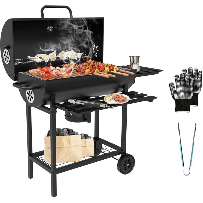 Barbecue Charbon de Bois XXL,Barbecue,avec Grille de Cuisson XXL avec Deux éTagèRes,Pince à viande grillée,éVent RéGlable,Barbecue Boule,Gants