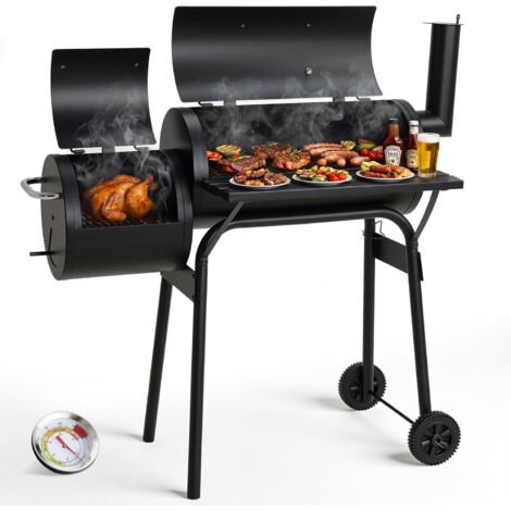 Barbecue Charbon de Bois,Barbecue Fumoir,Chariot Grill,BBQ Smoker  avec Cheminée,Thermomètre,Roues,pour Jardin,Terrasse,Camping