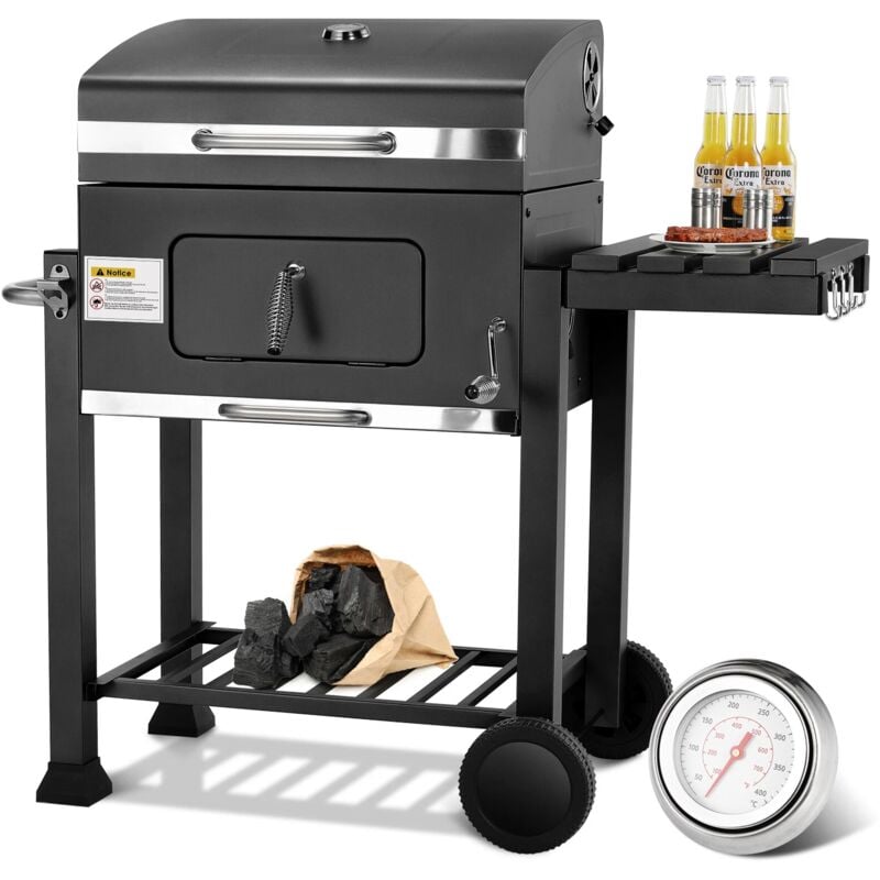 Liferun - Barbecue Charbon de Bois,BBQ Smoker,Chariot à Barbecue,Barbecue Fumoir,Grill à Charbon de Bois avec Couvercle, Noir