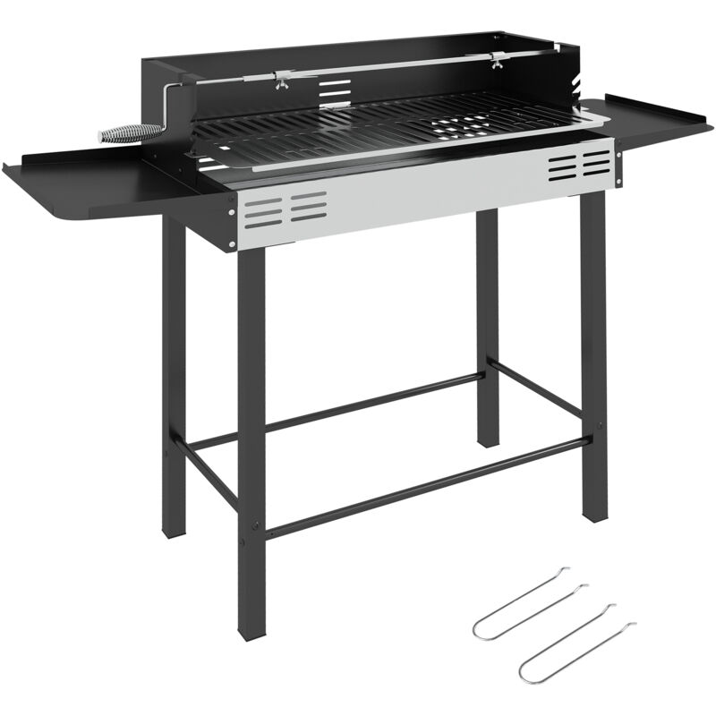Barbecue charbon tourne broche grille - 2 tablettes latérales rabattables - acier inox noir