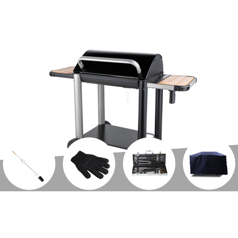 Barbecue charbon Vulcano 3000 + Kit tournebroche + Gant de protection + Malette 8 accessoires inox + Housse Somagic