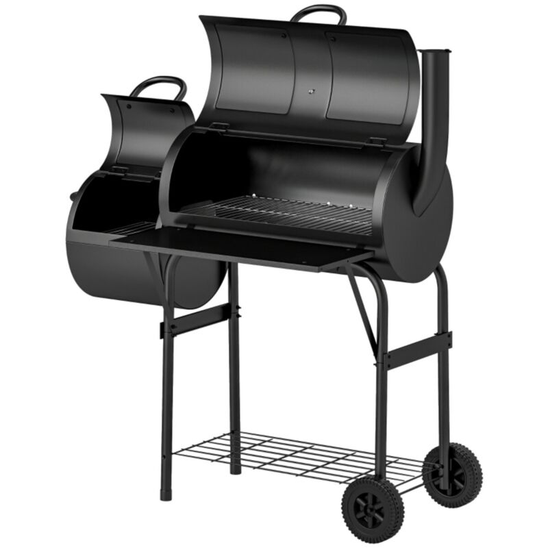 Barbecue Chariot Charbon de Bois Acier - Couvercle, Thermomètre, Roues, Étagère - 109x60x120cm - Jardin Camping - Noir