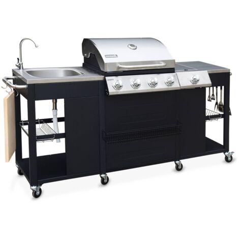 Barbecue. cuisine extérieure gaz - D'Artagnan - Barbecue 5 brûleurs dont 1 feu latéral. inox et noir. évier. planche à découper bois. ustensiles