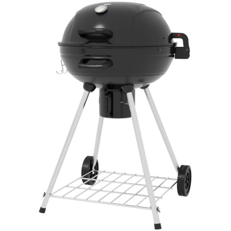 Barbecue de camping au charbon de bois avec grille, roues, étagère, récupérateur de cendres et thermomètre métallique intégré