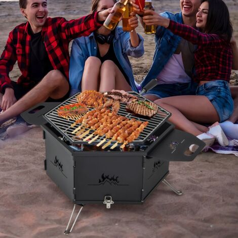 Barbecue de Charbon de Bois Portable avec Grille Rotative à 360° Barbecue Portable avec Poignées Corps et Pieds Pliables, pour Pique-Nique Camping Maison Chic
