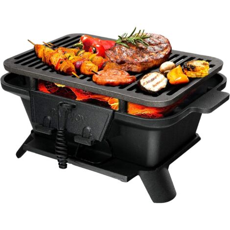 Barbecue de Charbon de Bois Portable Hauteur de 2 Étages, avec Grille Double Face en Fonte Porte de Ventilation, 40x27x18 cm