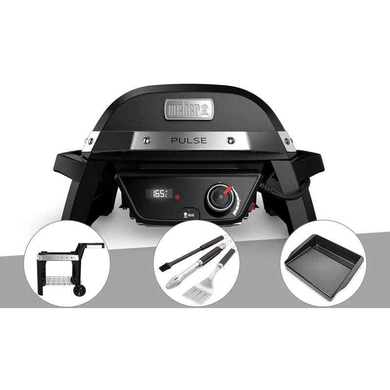 Barbecue électrique Weber Pulse 1000 + Chariot + Kit ustensiles 3 pièces Better + Plancha