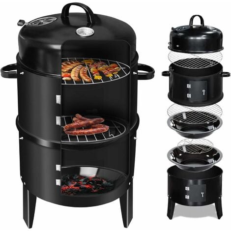 Barbecue Fumoir, 3 en 1 Barbecue Smoker avec Thermomètre, Multifonctions Fumoir a Froid, Grande Capacité Barbecues Charbon de Bois de Baril Fumoir Smoker pour Fumoir Viande et Poisson