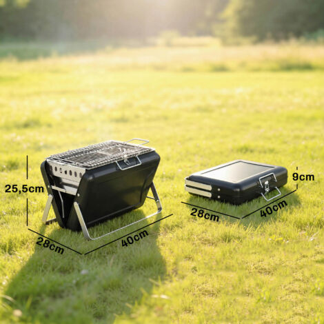 Barbecue fumoir à charbon de bois en acier inoxydable avec grille, poignée et pieds pliables, idéal pour les grillades et le camping, 40 x 28 x 25,5 cm, noir.