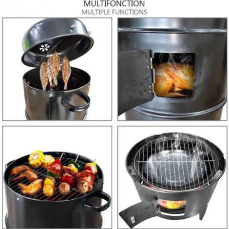 Barbecue fumoir charbon de bois avec thermomètre – Dimensions 50x43x80 cm – Grille diamètre 37 cm – Pour cuisson précise