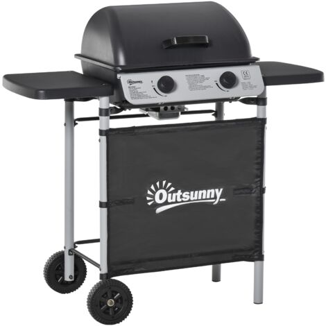 Barbecue gaz 2 brûleurs 5,6 kW, 2 roues, 2 tables appoint, grilles acier, 104x49x99 cm, noir