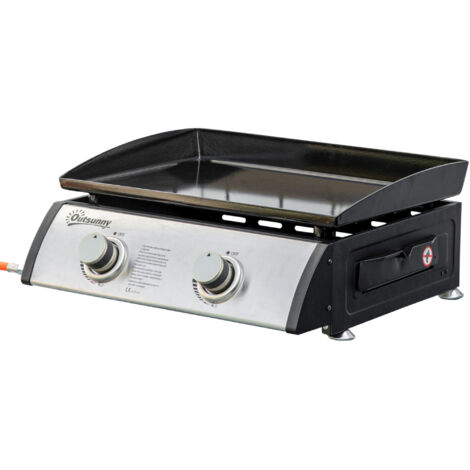 Barbecue gaz 2 brûleurs, flexible, plaque antiadhésive, acier inoxydable, argent, 48,5 x 48 x 21 cm