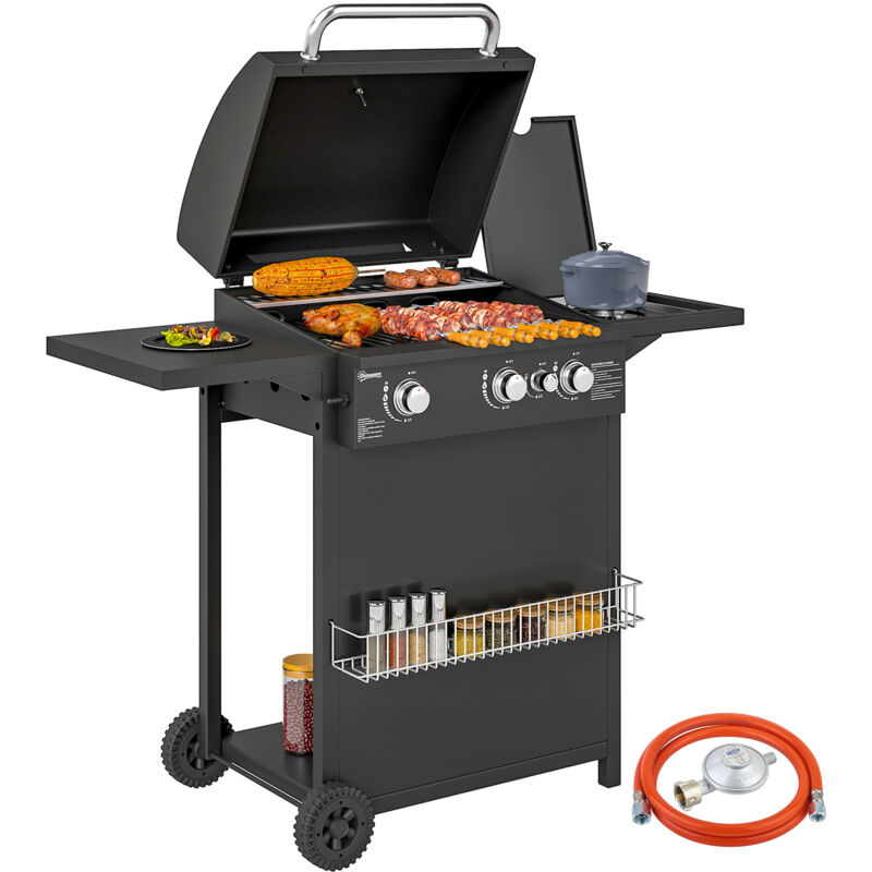 Barbecue gaz 3+1 brûleurs avec couvercle 2 roues - 9,5 kW - 2 grilles chromées, étagères latérales, thermomètre - noir