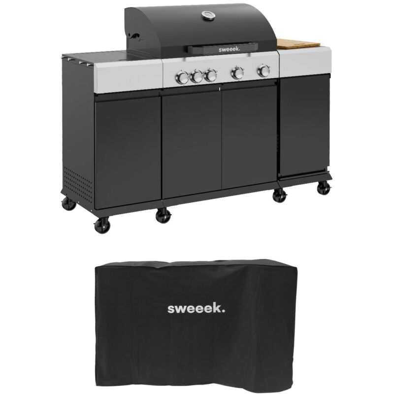 Barbecue gaz 4 brûleurs + 1 feu latéral MAXIM. Acier. thermomètre intégré. récupérateur de graisse. grille de chauffe. housse