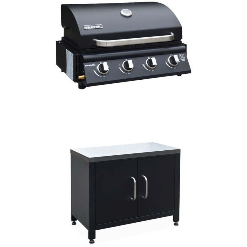 Barbecue à gaz avec 4 brûleurs à poser avec récupérateur de graisse + Meuble de cuisine extérieure en acier L80cm - Noir