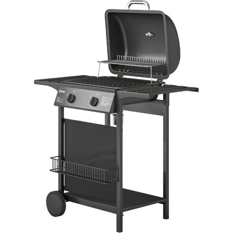 Barbecue gaz 5 kW 2 brûleurs chariot de jardin inox avec table latérale, panier inférieur, couverture avant, thermomètre, grille en émail
