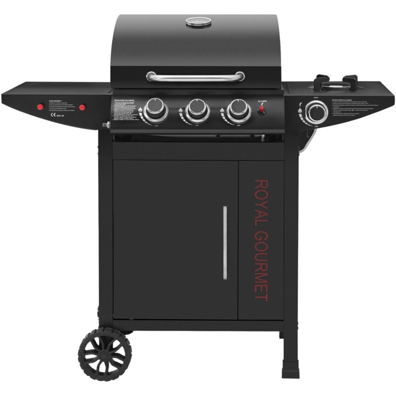 Barbecue Gaz à 3+1 Brûleurs - Gril à Gaz sur Chariot de Puissance 11,5 kW avec Tablette et Thermomètre -2 Roues et 1 Porte Royal Gourmet
