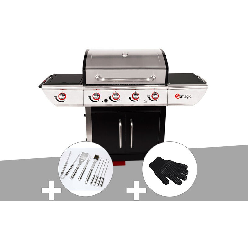 Barbecue à gaz avec chariot Manhattan 450GPI + plancha + Malette de 8 accessoires inox + Gant de protection