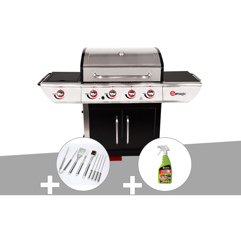 Barbecue à gaz avec chariot Manhattan 450GPI + plancha + Malette de 8 accessoires inox + Dégraissant pour barbecue