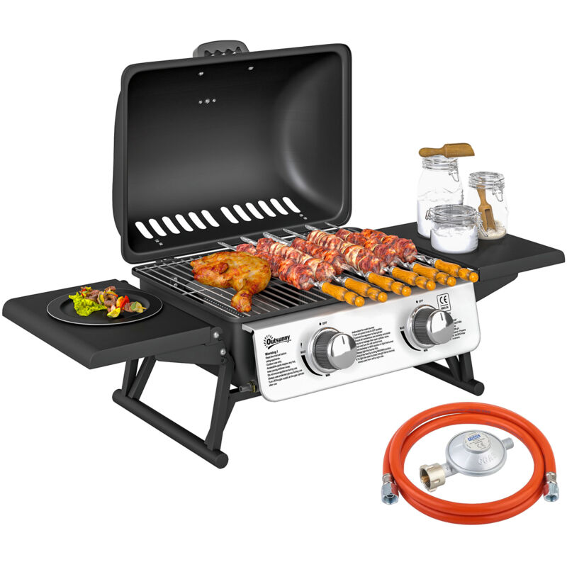 Barbecue gaz de table compact portable avec couvercle 2 brûleurs 5,6kW thermomètre régulateur tuyau inclus