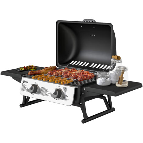 Barbecue gaz de table transportable, 2 brûleurs 5,6 kW, barbecue camping avec étagères latérales, couvercle, noir