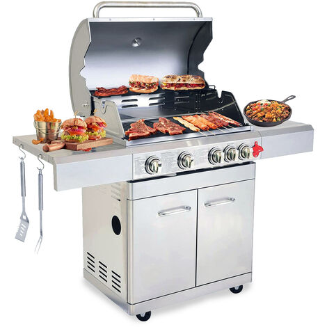 Barbecue Gaz INOX 4 Brûleurs +1 Réchaud 17.5KW,inclus Grill et Plancha & Thermomètre,Puissance Totale 17.5KW,- PHÉNIX GREADEN