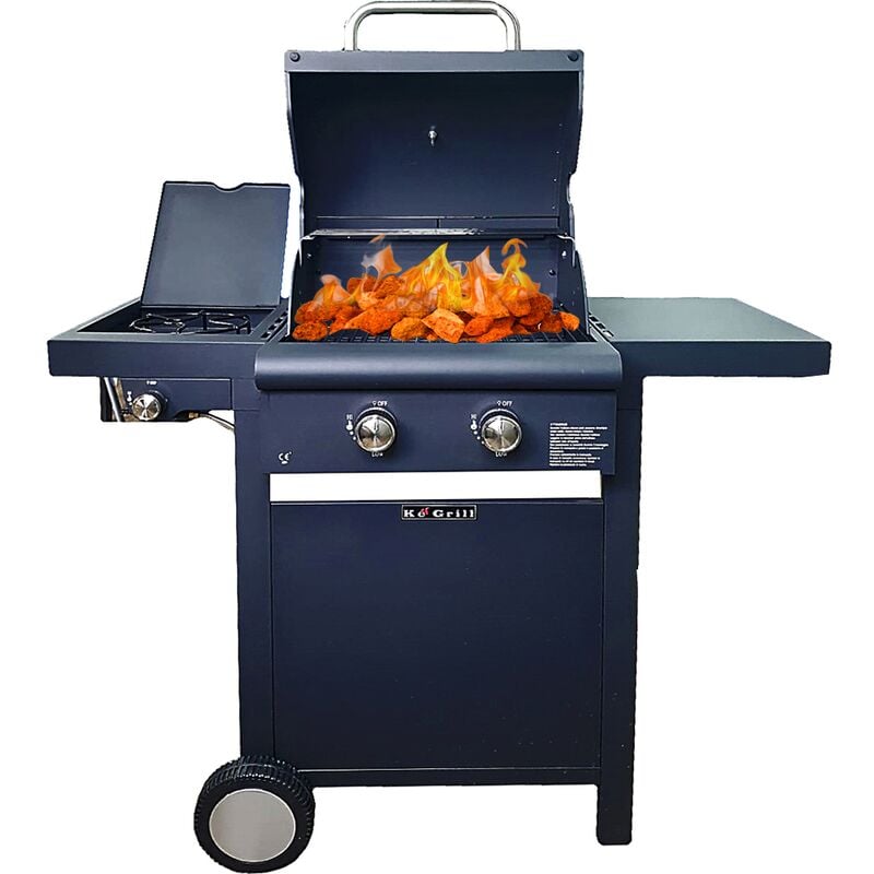 Ke Grill - Barbecue a' gaz KE001 pour la cuisson au gaz ou a' la pierre de lave en acier deux bruleurs 7 kW + 2 kW avec bruleur late'ral