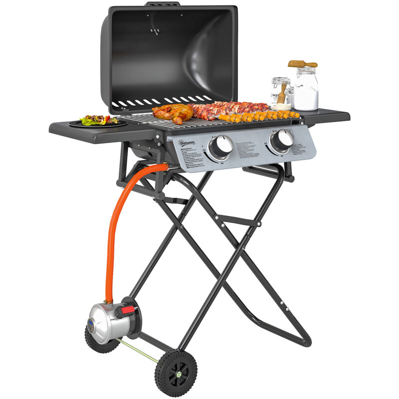 Barbecue gaz pliable portable avec couvercle roues 2 brûleurs 5,6kW thermomètre régulateur tuyau inclus