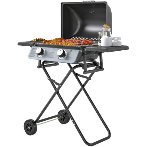 Barbecue gaz portable 2 brûleurs 5,6 kW, camping avec étagères latérales, thermomètre et roues, noir
