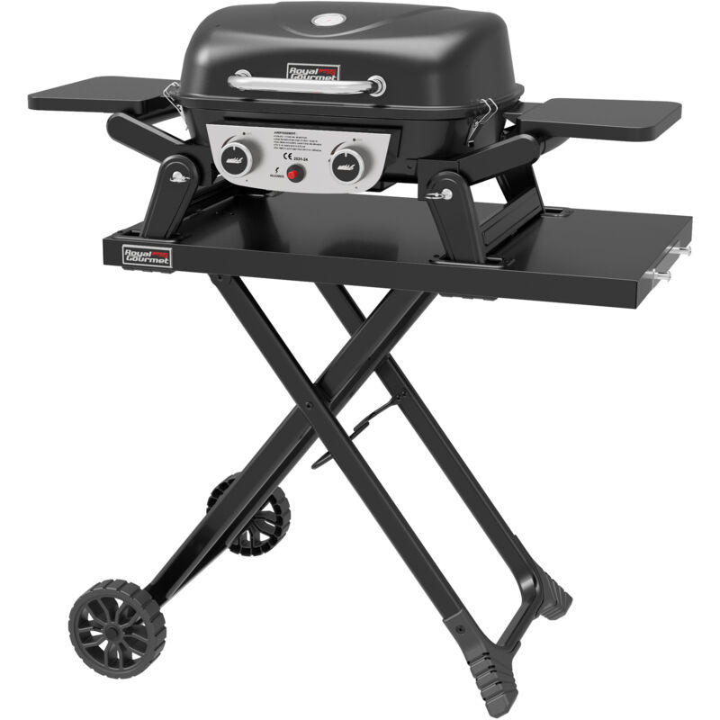 Royal Gourmet - Barbecue Gaz Portable avec Tables Latérales Pliables, bbq Gaz à 2 Brûleurs Dont Chariot Détachable, Puissance 5kW