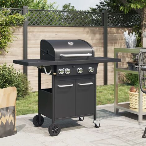 Barbecue gril à gaz avec 4 brûleurs-Plancha à gaz noir acier enduit de poudre