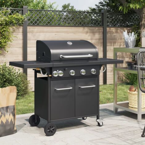 Barbecue gril à gaz avec 5 brûleurs-Plancha à gaz noir acier enduit de poudre