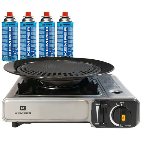 Barbecue Grill 2 en 1 Réchaud gaz piézo 1900 W KEMPER + Plaque grill + 4 cartouches gaz 227 gr Butane Camping